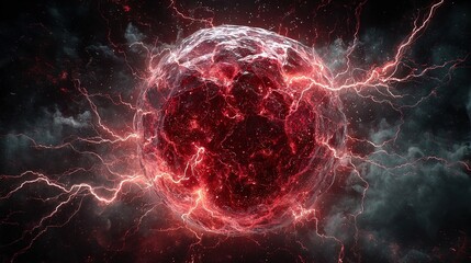 Glowing red energy sphere with electric lightning bolts against a dark cosmic cloudy background