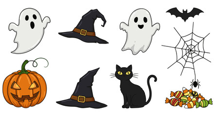 Illustration of halloween themed icons including ghosts, hats, pumpkin, cat, bat, spider web and candy