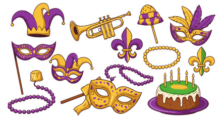 A festive mardi gras celebration with masks beads trumpet and cake in vibrant purple and gold colors