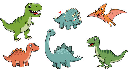 Illustration featuring a collection of cartoon dinosaurs including t rex triceratops and stegosaurus
