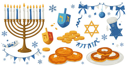 Illustration of hanukkah symbols including menorah dreidels coins sufganiyot and star of david elements