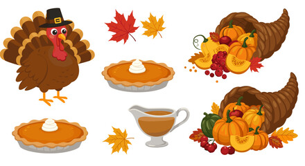 Illustration of thanksgiving elements including turkey pies cornucopias gravy and autumn leaves holiday theme