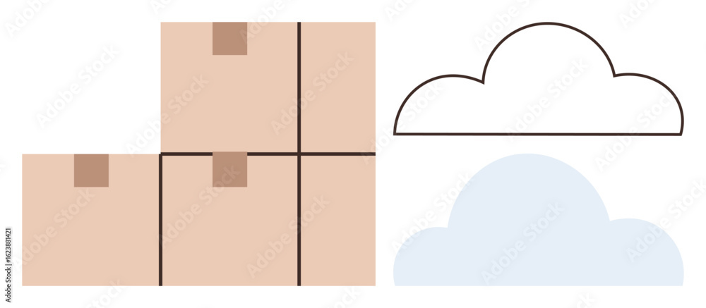 Poster stacked delivery boxes next to cloud graphics representing cloud storage and logistics integration. 