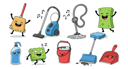 Cartoon cleaning supplies with happy faces including mops vacuums sponges and cleaning solutions displayed
