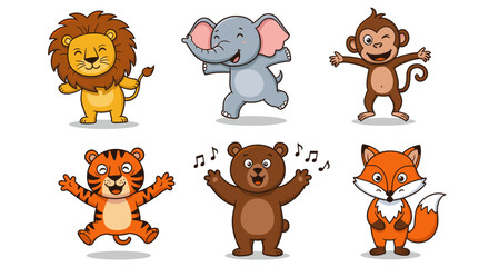Cartoon animals including a lion elephant monkey tiger bear and fox standing on a white background