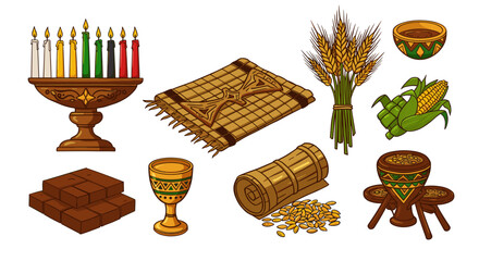 Illustration of kwanzaa symbols including kinara candles mkeka mat mazao crops and kikombe cha umoja cup