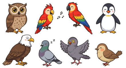 Illustration featuring a diverse collection of bird species including parrots and an owl and a penguin