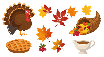 Illustration of thanksgiving elements including a turkey pie leaves cornucopia and gravy boat design