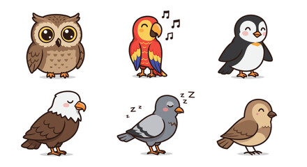 Illustration featuring a cartoon owl, parrot with music notes, penguin, eagle, pigeon and sparrow line up
