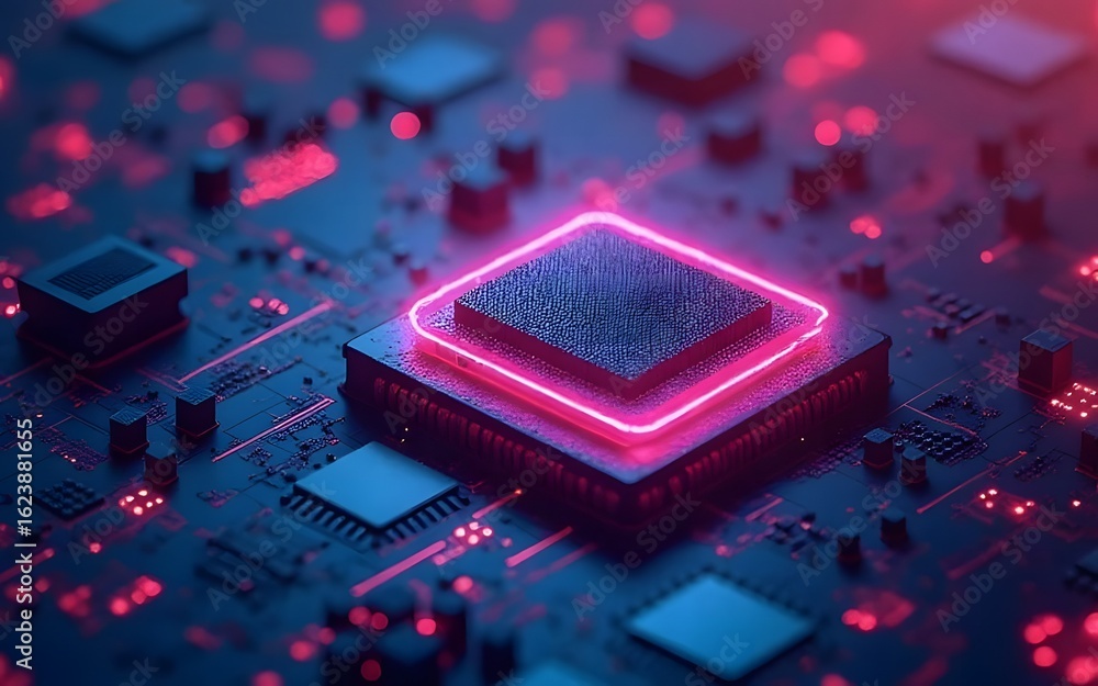 Aufkleber a futuristic glowing microchip rests on a complex circuit board, illuminated with vibrant red and bl