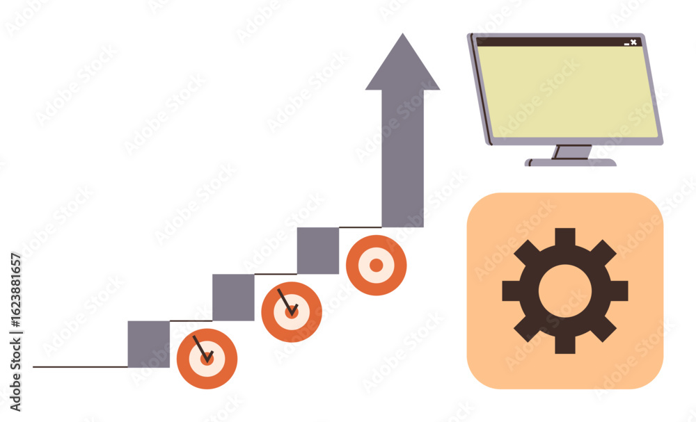 Poster rising bar chart with targets, upward arrow, gear for process optimization, and a computer screen. i