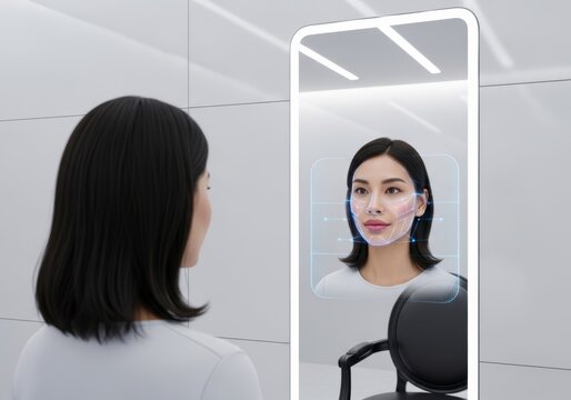 AI Beauty: The Future in Mirror. Woman in futuristic smart mirror. Using AI and facial recognition, device analyzes and suggests virtual enhancements, exploring future of beauty, identity, technology