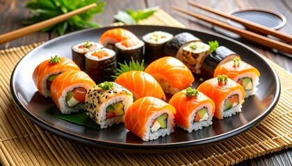 Assorted sushi rolls on a dark plate
