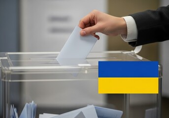 Ukrainian Election. Casting Vote for Democracy. Voter in suit casts ballot into transparent box. National blue and yellow flag in background, act symbolizes democracy, freedom, and civic duty. 