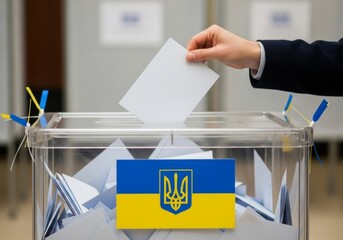 Ukrainian Election. Casting Vote for Democracy. Voter in suit casts ballot into transparent box. National blue and yellow flag in background, act symbolizes democracy, freedom, and civic duty. 