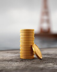 Tariff and global recession concept, Stack of golden coins representing wealth and investment.
