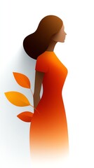 Stylized female figure in a vibrant orange dress with leaves.