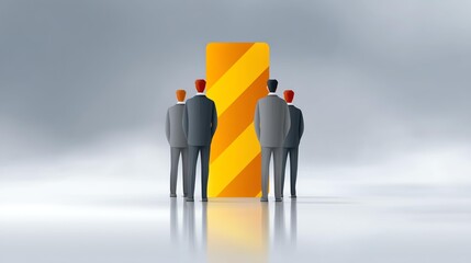 Digital trade barriers concept, Three business people observing a towering, striped barrier symbolizing challenges ahead.