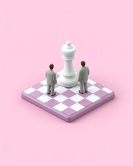 Two business figures analyzing a chess piece for strategy.