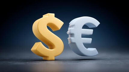 Digital trade barriers concept, 3D representation of dollar and euro currency symbols on a dark background.