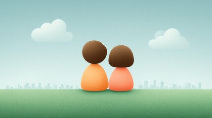 Two stylized figures gazing at a serene cityscape backdrop.