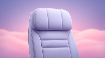 Premium economy class concept, A cozy lavender seat against a dreamy pastel sky backdrop.