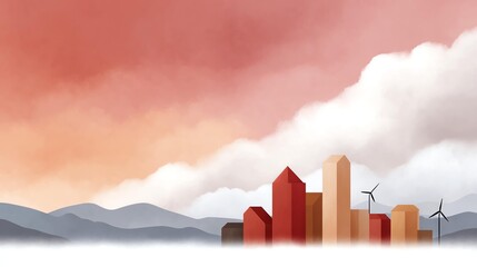 A serene skyline with colorful buildings under a sunset sky.
