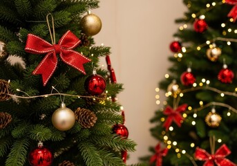 Beautifully decorated Christmas tree with classic red and gold baubles, pine cones, and warm, twinkling lights. This festive close-up captures the traditional spirit and cozy ambiance of the holidays