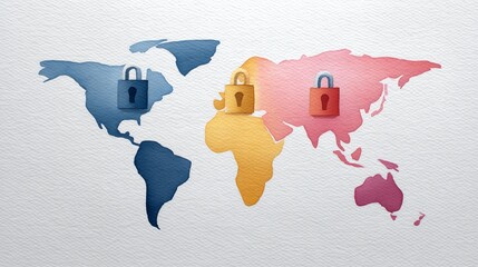 Digital trade barriers concept, Abstract world map with locks representing digital security and privacy concerns.
