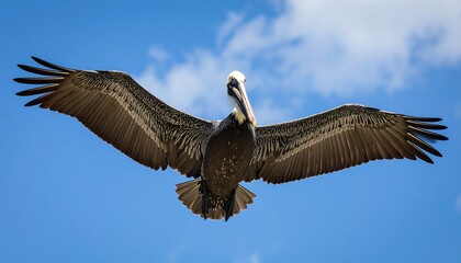 Obraz premium Brown pelican in flight against a clear blue sky (1)