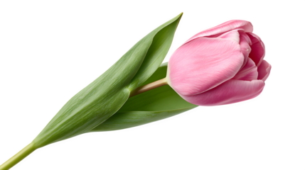 pink tulip with green stem isolated on white