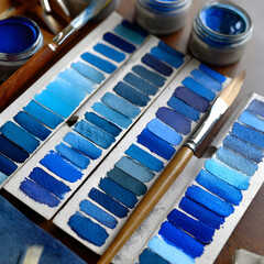 Naklejka premium Various shades of blue paint swatches are neatly arranged on a wooden surface alongside a paintbrush and containers filled with vibrant blue paints, showcasing artistic creativity