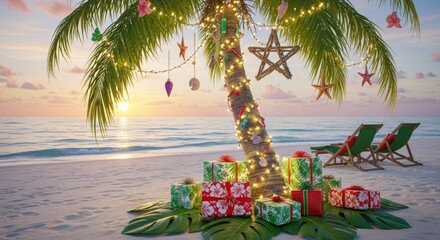 Celebrate holidays on sandy beach at sunset. Festive Christmas tree, adorned with hibiscus flowers and pineapple ornaments, gifts, palm trees, glow with lights