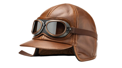 brown leather aviator hat or cap with glasses isolated on transparent background. aircraft travel transportation flight helmet uniform retro military army pilot profession occupation vintage journey