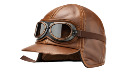 brown leather aviator hat or cap with glasses isolated on transparent background. aircraft travel transportation flight helmet uniform retro military army pilot profession occupation vintage journey