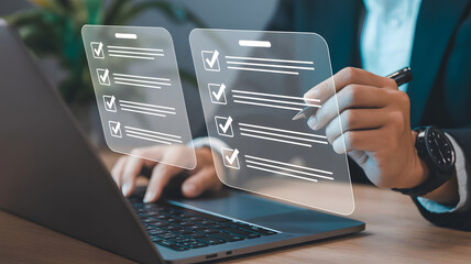 Business professional checking off tasks on digital checklist, modern workflow success