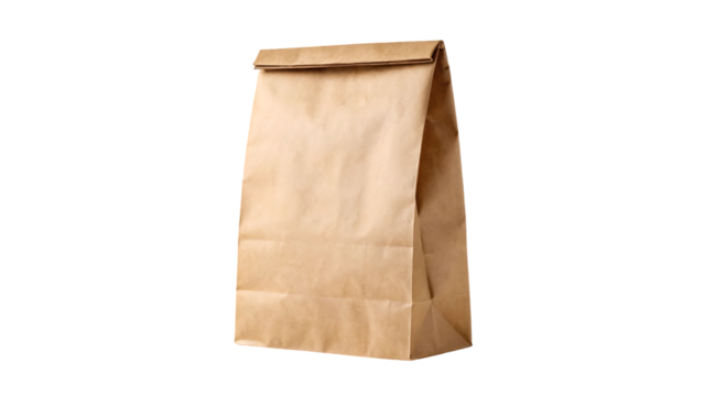 brown paper bag with white window standing up on white background isolated on white background