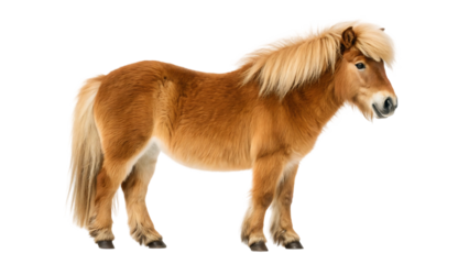 cute brown shetland pony horse full body length portrait isolated on white background. domestic mammal animal with mane standing equestrian equine breed young beautiful little farm stallion isolated