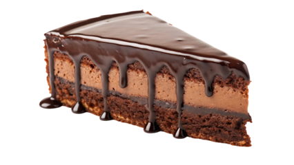 delicious chocolate cake slice dripping with chocolate icing and mint leaf on white background isolated on white background