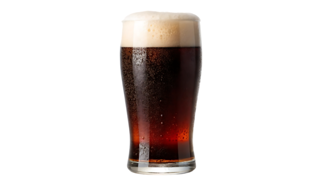 dark beer glass sitting on bar counter with blurred background isolated on white background