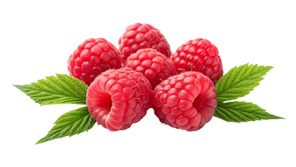 five fresh raspberries with green leaf on white background isolated on white background