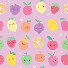 Adorable Kawaii Fruit Background – Smiling Strawberries, Lemons, Limes, Oranges & Apples on Cute Pastel Scene