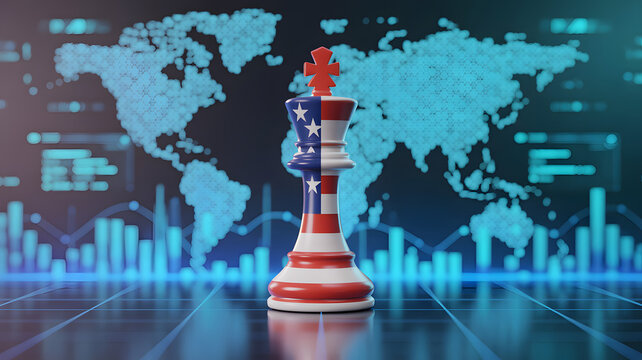 US chess king symbolizing global strategy on digital world map