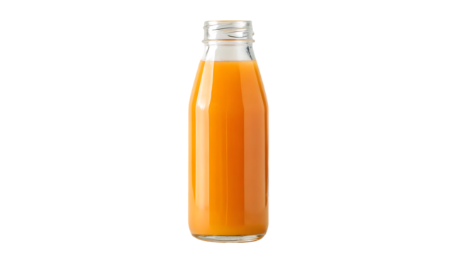 glass bottle containing refreshing orange juice on white background isolated on white background
