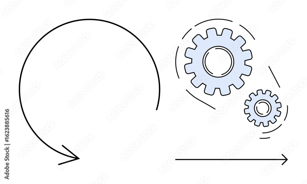 Poster circular arrow merging with interlocked gears, representing process flow, teamwork, and continuous i