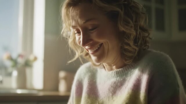 Smiling woman holding a keepsake from childhood, reliving precious memories.