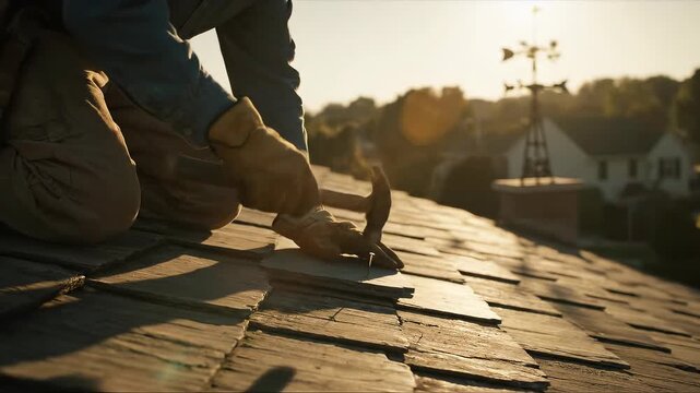 Roofer wearing work gloves meticulously nails slate shingles on a sun-drenched roof