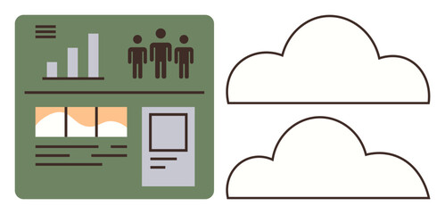 Analytical dashboard with people icons, bar graph, and reports alongside cloud symbols. Ideal for data management, teamwork, cloud storage, analytics, information sharing, technology simple flat