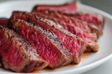 Obraz premium Sliced Medium-Rare Steak Close-Up – Pink Center, Light Sear, White Plate for Premium Culinary Branding