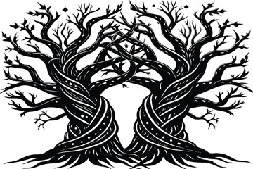Intricate black and white twisted tree branches forming a symbolic shape isolated on transparent background